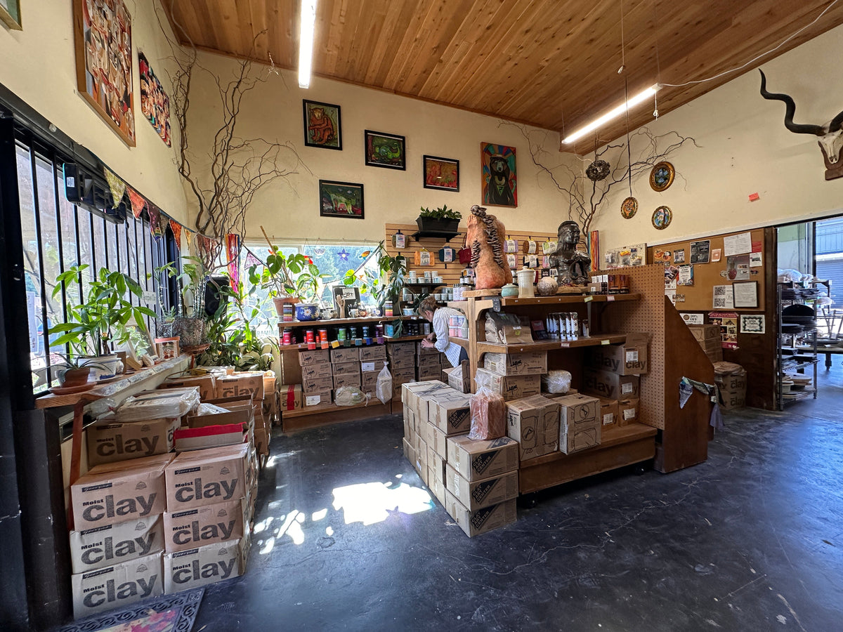 A shop interior with wooden ceiling, shelves, framed art, potted plants, stacked clay boxes, and display stands filled with ceramic items. A person is visible in the background near the counter area.